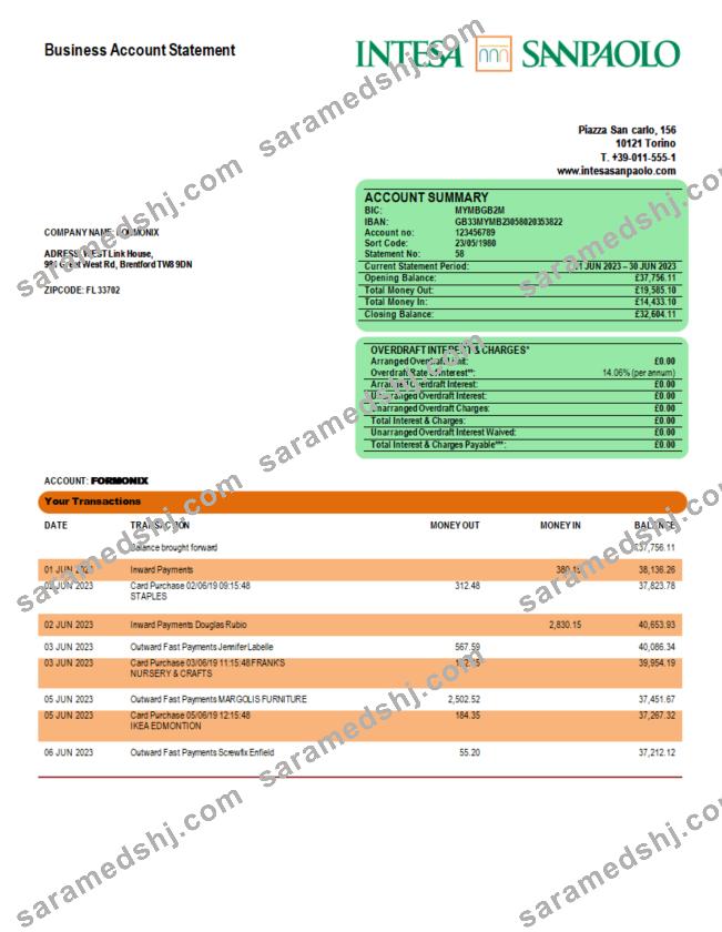 Intesa Sanpaolo Bank enterprise account statement Word and PDF template